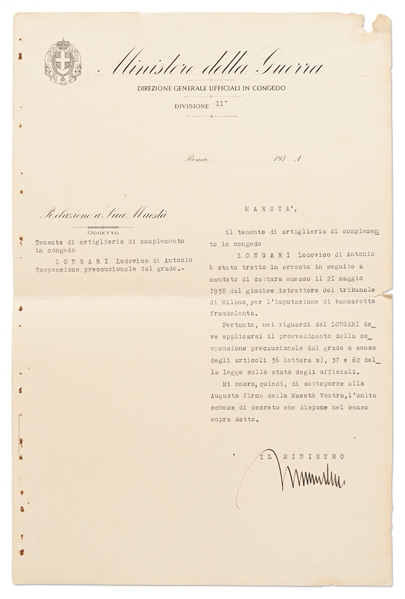 Benito Mussolini Document Signed as Prime Minster of Italy During World War II