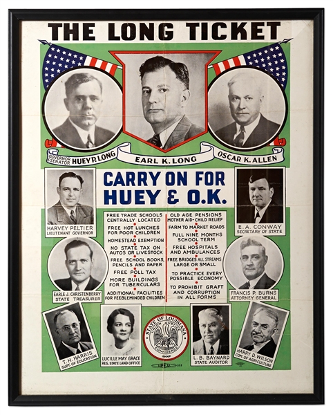 Louisiana Political Poster from 1936 Promoting the Huey Long-Backed Candidates After Long's Assassination