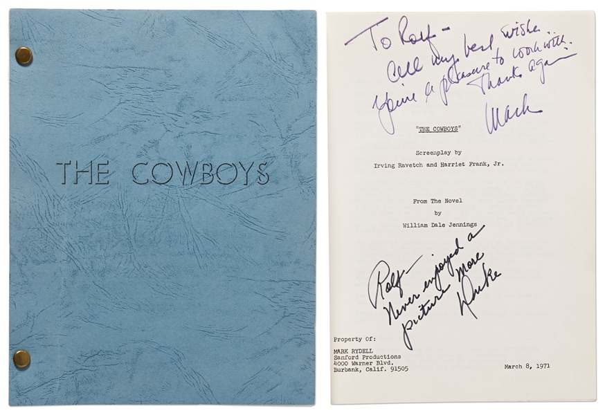 John Wayne Signed ''The Cowboys'' Script, John Wayne USC Yearbook & Numerous Call Sheets, Crew Lists, Etc. from ''The Cowboys''