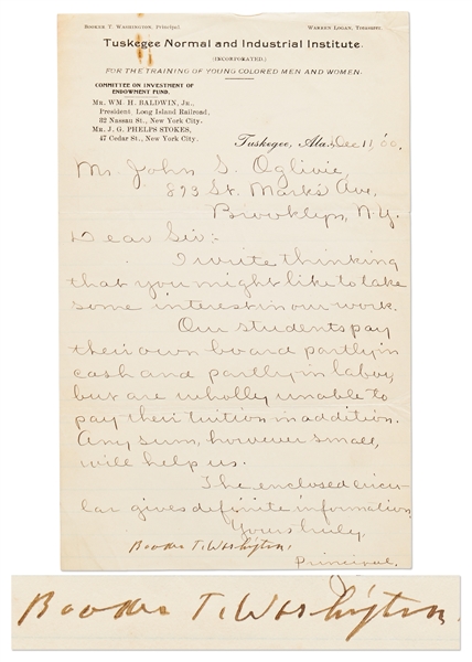Booker T. Washington Letter Signed as Principal of The Tuskegee Institute