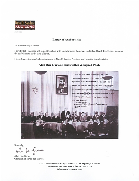 Large 20'' x 16'' Photo of the Signing of the Israeli Declaration of Independence, with Handwritten Excerpt from the Grandson of David Ben-Gurion