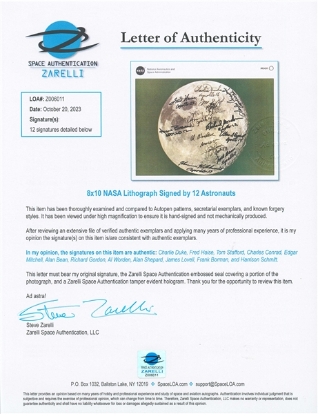NASA 8'' x 10'' Photo of the Moon Signed by 12 Apollo Astronauts -- With Steve Zarelli COA