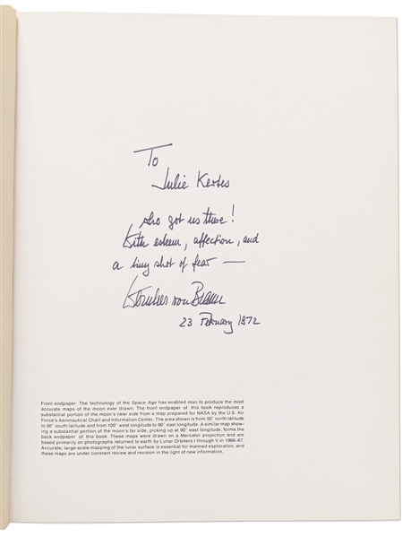 Wernher von Braun Signed First Edition of His Illustrated Book ''MOON: Man's Greatest Adventure'' -- von Braun Inscribes the Copy to His Secretary During the Apollo Era