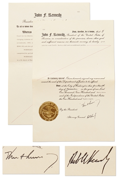 Scarce John F. Kennedy & Robert Kennedy Signed Presidential Pardon -- Dated 8 Days Before JFK's Assassination -- With University Archives COA