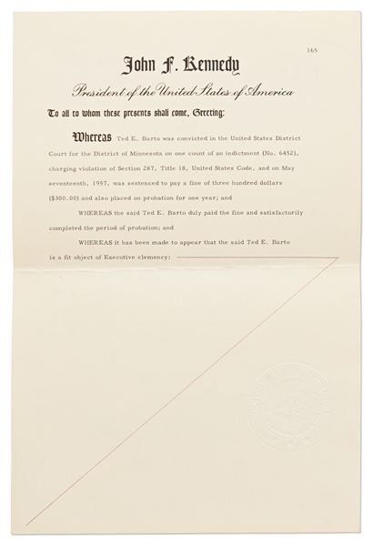 Scarce John F. Kennedy & Robert Kennedy Signed Presidential Pardon -- Dated 8 Days Before JFK's Assassination -- With University Archives COA
