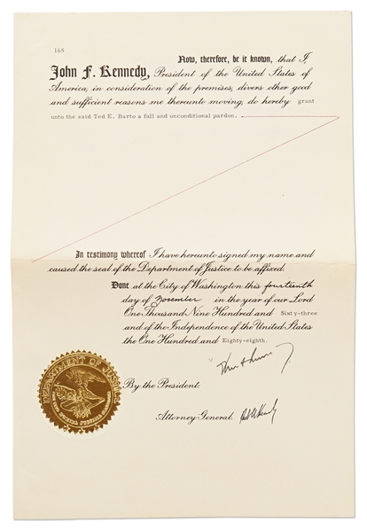Scarce John F. Kennedy & Robert Kennedy Signed Presidential Pardon -- Dated 8 Days Before JFK's Assassination -- With University Archives COA