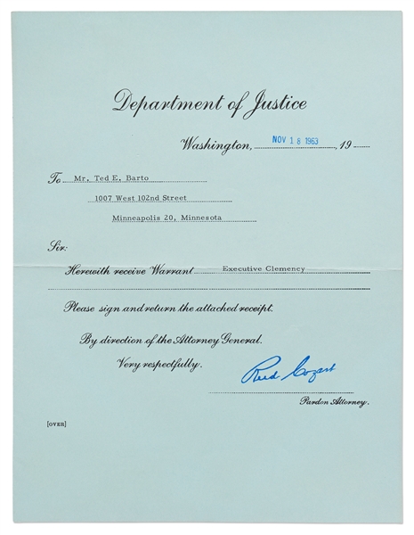 Scarce John F. Kennedy & Robert Kennedy Signed Presidential Pardon -- Dated 8 Days Before JFK's Assassination -- With University Archives COA