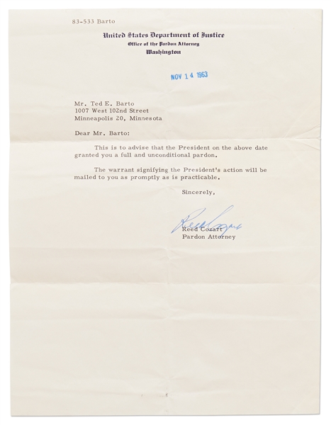 Scarce John F. Kennedy & Robert Kennedy Signed Presidential Pardon -- Dated 8 Days Before JFK's Assassination -- With University Archives COA
