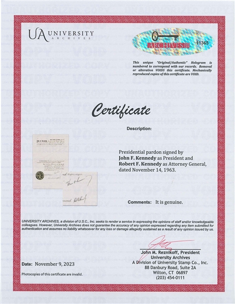 Scarce John F. Kennedy & Robert Kennedy Signed Presidential Pardon -- Dated 8 Days Before JFK's Assassination -- With University Archives COA