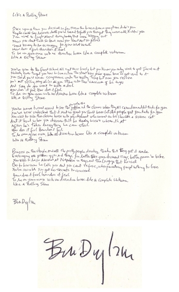 Bob Dylan Signed, Handwritten Lyrics to Like a Rolling Stone, The Quintessential Rock Song -- With Jeff Rosen COA