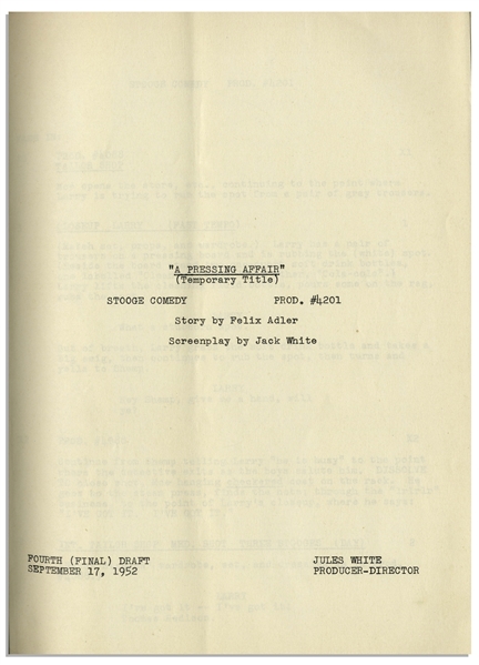 Moe Howard's Script for the 1952 Three Stooges Film ''Rip, Sew and Stitch'' -- With Annotations in Moe's Hand Including His Signature