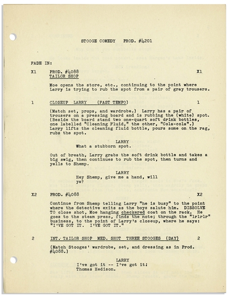 Moe Howard's Script for the 1952 Three Stooges Film ''Rip, Sew and Stitch'' -- With Annotations in Moe's Hand Including His Signature