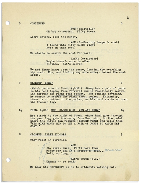 Moe Howard's Script for the 1952 Three Stooges Film ''Rip, Sew and Stitch'' -- With Annotations in Moe's Hand Including His Signature