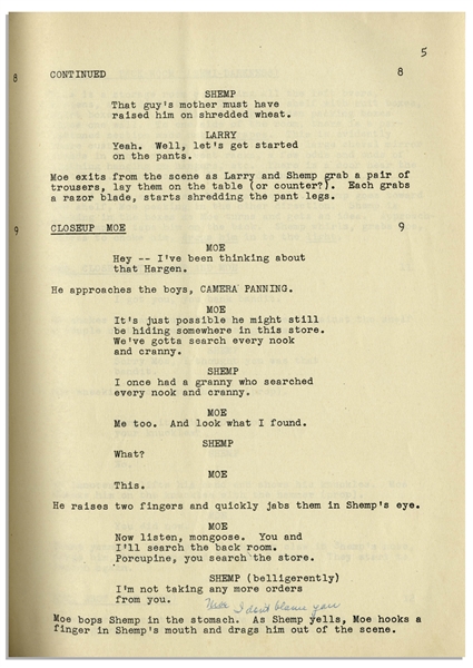 Moe Howard's Script for the 1952 Three Stooges Film ''Rip, Sew and Stitch'' -- With Annotations in Moe's Hand Including His Signature