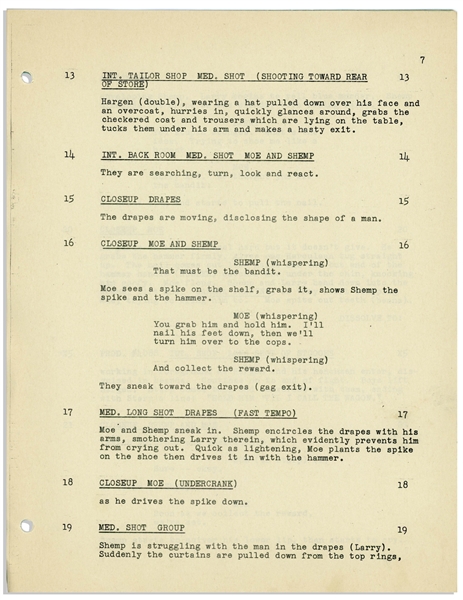 Moe Howard's Script for the 1952 Three Stooges Film ''Rip, Sew and Stitch'' -- With Annotations in Moe's Hand Including His Signature
