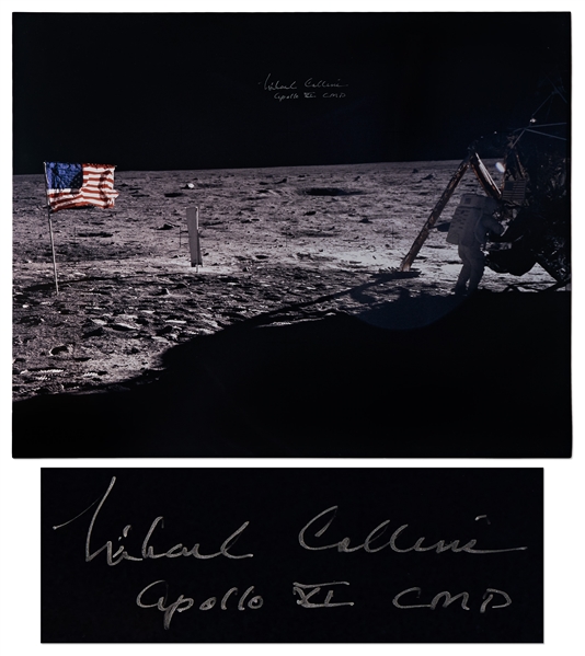 Michael Collins Signed 20'' x 16'' Photo of the Only Photo of Neil Armstrong on the Moon, Capturing Both Armstrong and the United States Flag