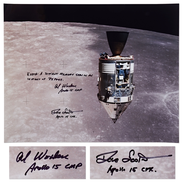Al Worden & Dave Scott Signed 20 x 16 Photo of the Apollo 15 Command Module Against the Moon -- Worden Additionally Writes EARTH: A distant memory seen in an instant of repose