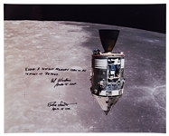Al Worden & Dave Scott Signed 20'' x 16'' Photo of the Apollo 15 Command Module Against the Moon -- Worden Additionally Writes ''EARTH: A distant memory seen in an instant of repose''