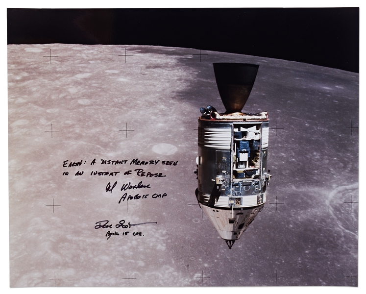 Al Worden & Dave Scott Signed 20'' x 16'' Photo of the Apollo 15 Command Module Against the Moon -- Worden Additionally Writes ''EARTH: A distant memory seen in an instant of repose''