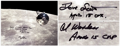 Al Worden & Dave Scott Signed 20 x 16 Photo of the Apollo 15 Command Module Against the Moon -- Worden Additionally Writes EARTH: A distant memory seen in an instant of repose