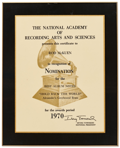 Grammy Nomination for Best Album Notes, Awarded to Poet Rod McKuen in 1970 for ''Hold Back the World'' by Alexander's Greyhound Bass