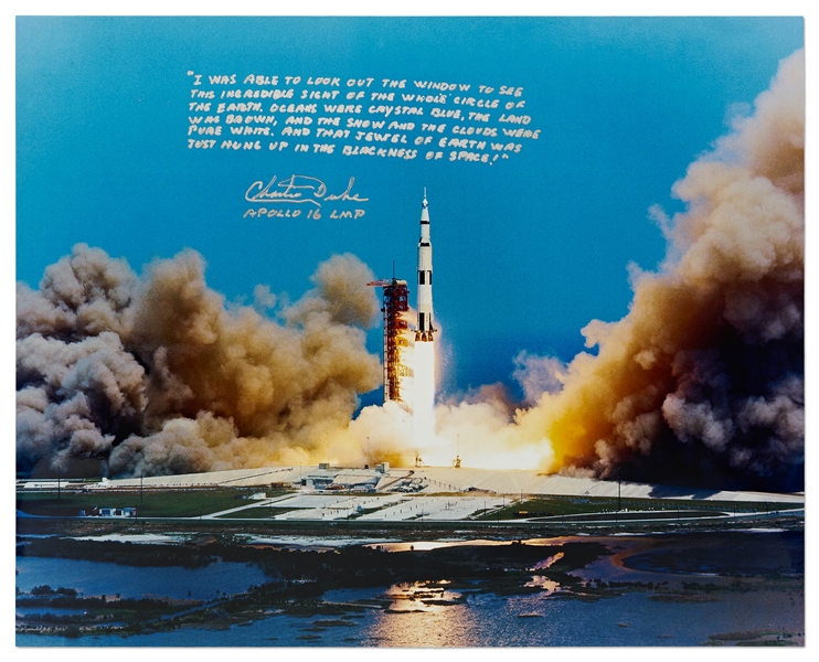 Charlie Duke Signed 20'' x 16'' Photo of the Apollo 16 Rocket Launch -- With a Handwritten Recollection: ''...that jewel of Earth was just hung up in the blackness of space!...''