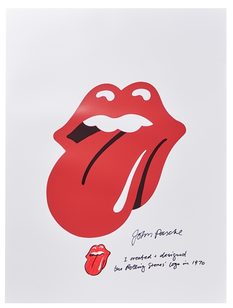 John Pasche Hand-Drawn and Signed ''Tongue and Lips'' Artwork on a Rolling Stones Lithograph Poster
