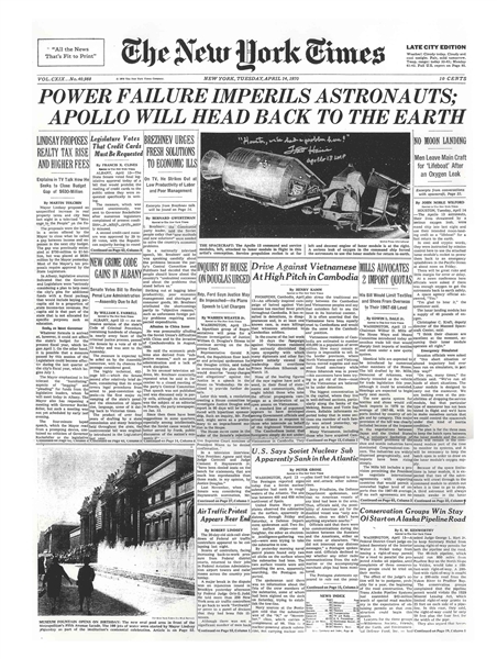 Fred Haise Signed ''New York Times'' Poster From 14 April 1970, With Dramatic Reporting on the Apollo 13 Disaster -- Haise Also Writes, '''Houston, we've had a problem here!'''