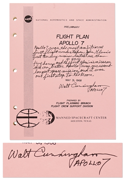 Walt Cunningham Signed Copy of the Apollo 7 Flight Plan -- Also With His Handwritten Reflections on the Mission ''...Apollo 7 was our first step to the Moon...''