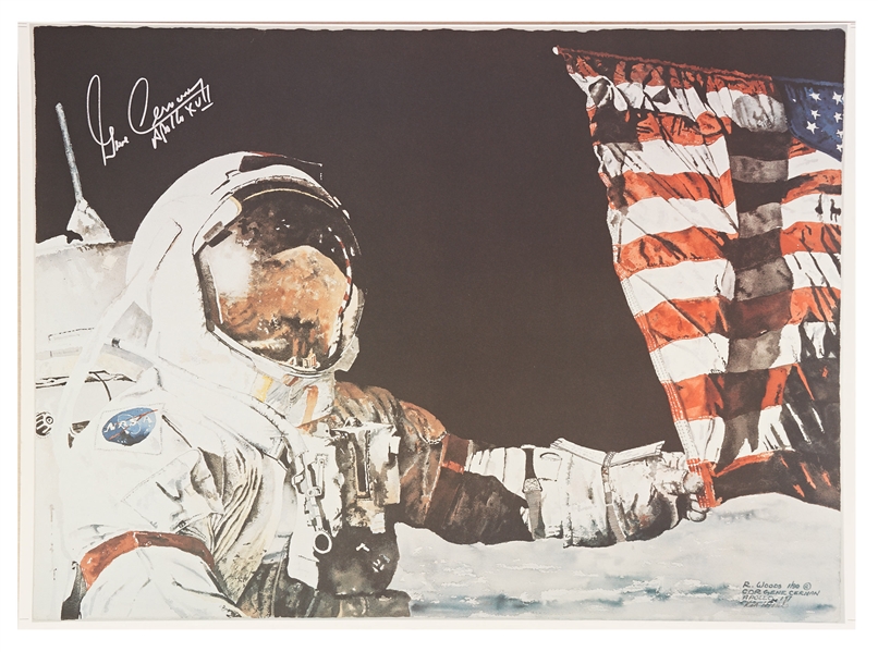 Gene Cernan Signed Moon Landing Artwork -- Cernan Was the Last Man to Walk on the Moon