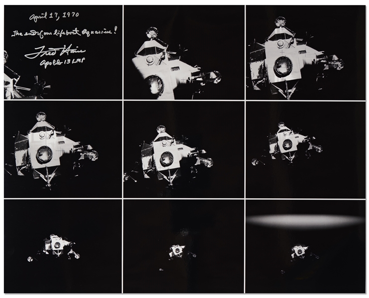 Fred Haise Signed 20'' x 16'' Photo of Apollo 13's ''Lifeboat'', the Lunar Module After It Was Jettisoned Just Before Reentry -- Haise Writes ''The end of our lifeboat Aquarius!''