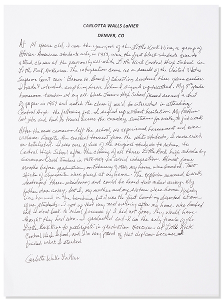 Carlotta LaNier, the Youngest of the Little Rock Nine Autograph Essay Signed -- ...After the news cameras left...we experienced routine harassment and even violence...my home was bombed...