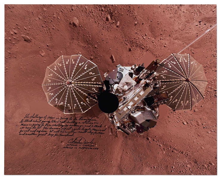 Apollo 16 Moonwalker Charlie Duke Signed 20'' x 16'' Photo of the Phoenix Lander on Mars -- ''The human spirit wants to go to Mars...another small step for man and another giant leap for mankind.''