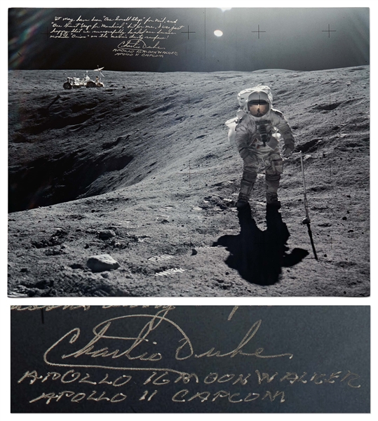 Charlie Duke Signed 20'' x 16'' Lunar Photo -- ''It may have been 'one small step' for Neil...I was just happy that we successfully landed our lunar module 'Orion'...''