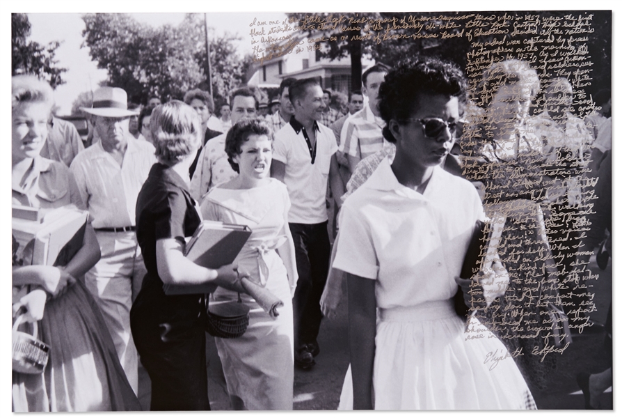 Elizabeth Eckford Handwritten Signed 20 x 13.375 Photo Essay From Her First Day of School as Part of the Little Rock Nine -- ...Someone yelled Get a rope. Drag her over to the tree!...