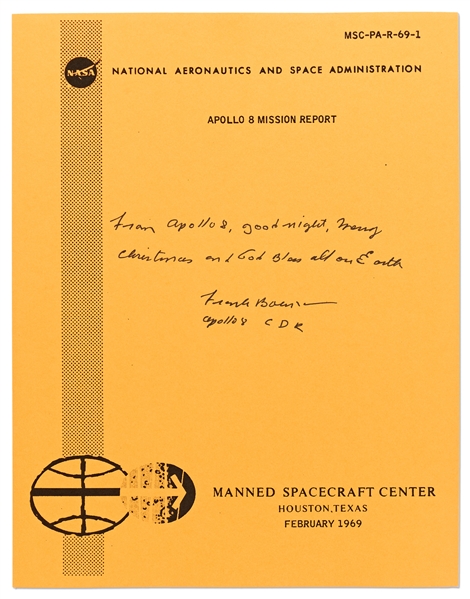 Frank Borman Signed Souvenir Copy of the Apollo 8 Mission Report, With His Christmas Message