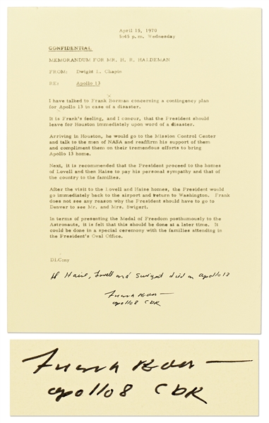 Frank Borman Signed Memo Describing the Presidential Contingency Plan for Apollo 13 -- Borman Writes, ''If Haise, Lovell and Swigert died on Apollo 13'' -- With Novaspace COA