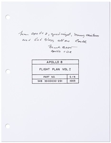 Frank Borman Signed Copy of the Apollo 8 Flight Plan, With His Christmas Message