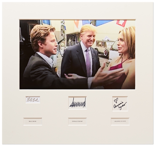 Autograph Display of Donald Trump, Billy Bush & Arianne Zucker from the Famous ''Access Hollywood'' Tape -- Display Measures 25.75'' x 24'' -- With PSA/DNA COA for Trump's Signature