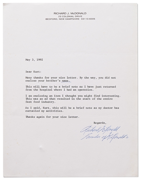 Richard McDonald Letter Signed ''Richard McDonald / Founder of McDonald's'' -- With PSA/DNA and JSA COAs