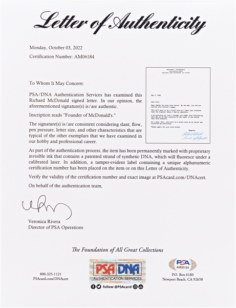 Richard McDonald Letter Signed ''Richard McDonald / Founder of McDonald's'' -- With PSA/DNA and JSA COAs