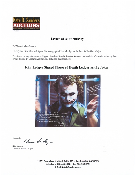 Large 20'' x 16'' Photo of Heath Ledger as The Joker, with Handwritten Reflections by Heath's Father -- ''...He galvanised the upcoming craziness...''