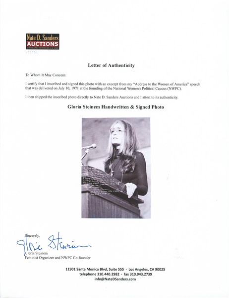 Gloria Steinem Handwritten 16'' x 20'' Photo with Her Thoughts on the Women's Rights Movement -- ''...It really is a revolution...''