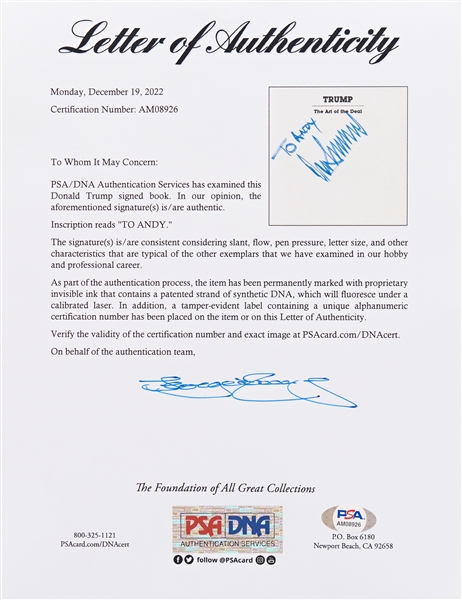 Donald Trump Signed First Edition of ''The Art of the Deal'' -- With PSA/DNA COA