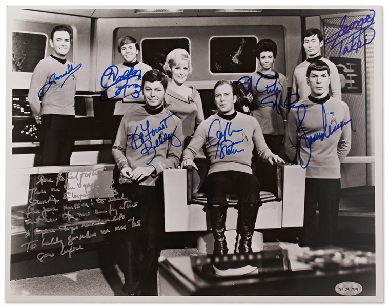 Star Trek Cast-Signed 14 x 11 Photo -- With William Shatner Additionally Handwriting the Famous Opening Sequence