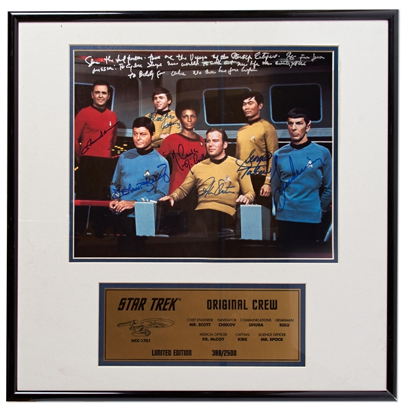 Star Trek Cast-Signed Photo -- With William Shatner Additionally Handwriting the Famous Opening Sequence from the Ken Goldin Signing