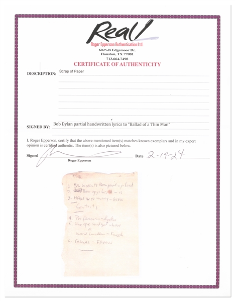 Bob Dylan Handwritten ''Cheat Sheet'' for the Lyrics of ''Ballad of a Thin Man'' Used During the 1974 Tour -- With Roger Epperson COA