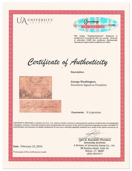 George Washington Signed Society of Cincinnati Document -- With University Archives COA
