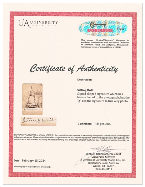 Very Rare Signature of Sitting Bull on an Original 1881 Cabinet Card -- With University Archives COA