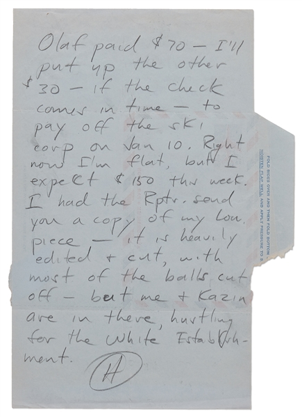 Hunter S. Thompson Autograph Letter Signed -- ''...me and [Alfred] Kazin are in there, hustling for the White Establishment...''